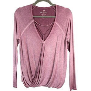 AMERICAN EAGLE Soft & Sexy Twist Surplice Hem Shirt Mauve Cutout V-Neck Size S